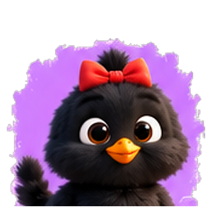 Bubbles, a small black Silkie chick wearing a red bow, on a purple painted blob