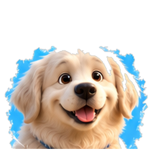 Drago, a white Great Pyrenees with a happy open-mouthed grin, on a blue painted blob