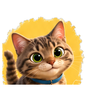 Milo, a tabby cat with big green eyes and a blue collar, on a golden-yellow painted blob