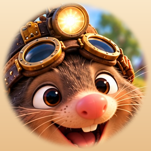 Mo the Mole, a brown mole with a pink nose, brass steampunk goggles and a glowing headlamp, smiling, on a warm tan backdrop