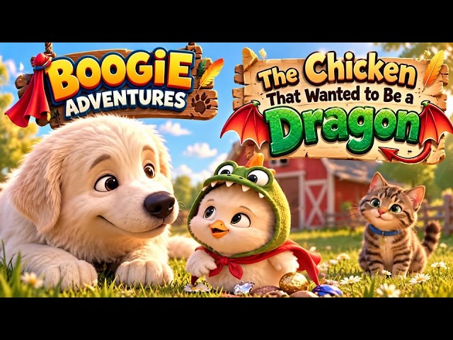 Episode thumbnail: Drago the Great Pyrenees, Boogie the chicken and Milo the tabby cat in the farmyard grass, with the Boogie Adventures and The Chicken That Wanted to Be a Dragon titles