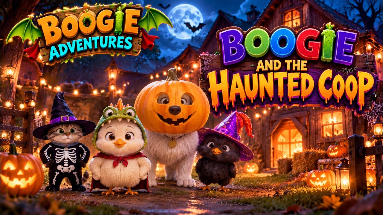 Episode thumbnail: night-time artwork with Milo in a skeleton costume, Boogie dressed up for Halloween, Drago in a pumpkin mask and Bubbles in a witch hat, under a full moon