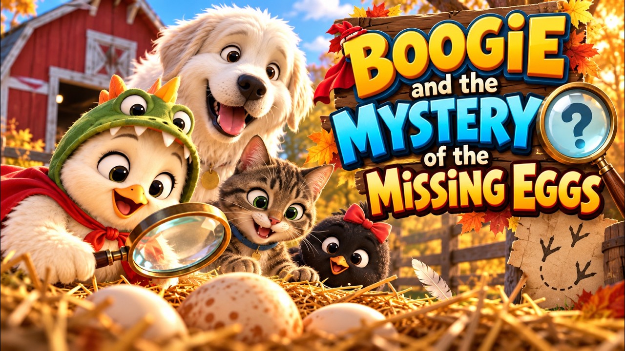 Episode thumbnail: Boogie, Drago, Milo and Bubbles looking closely at a nest of eggs in the straw, with a magnifying glass and the Boogie and the Mystery of the Missing Eggs title