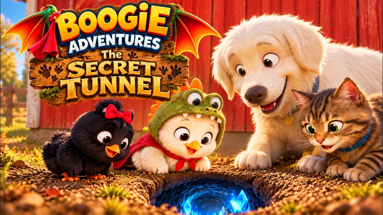 Episode thumbnail: Bubbles the black chick with her red bow, Boogie, Drago and Milo gathered round a glowing tunnel mouth in the dirt
