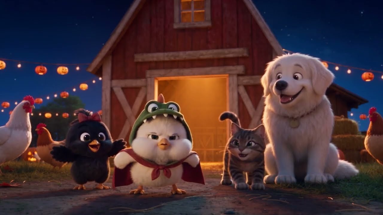 Milo in a skeleton costume, Boogie dressed up for Halloween, Drago in a pumpkin mask and Bubbles in a witch hat, outside the barn at night
