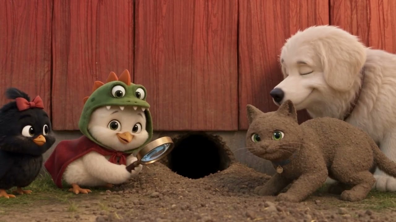 Bubbles, Boogie holding a magnifying glass, Milo and Drago beside a tunnel entrance in the dirt